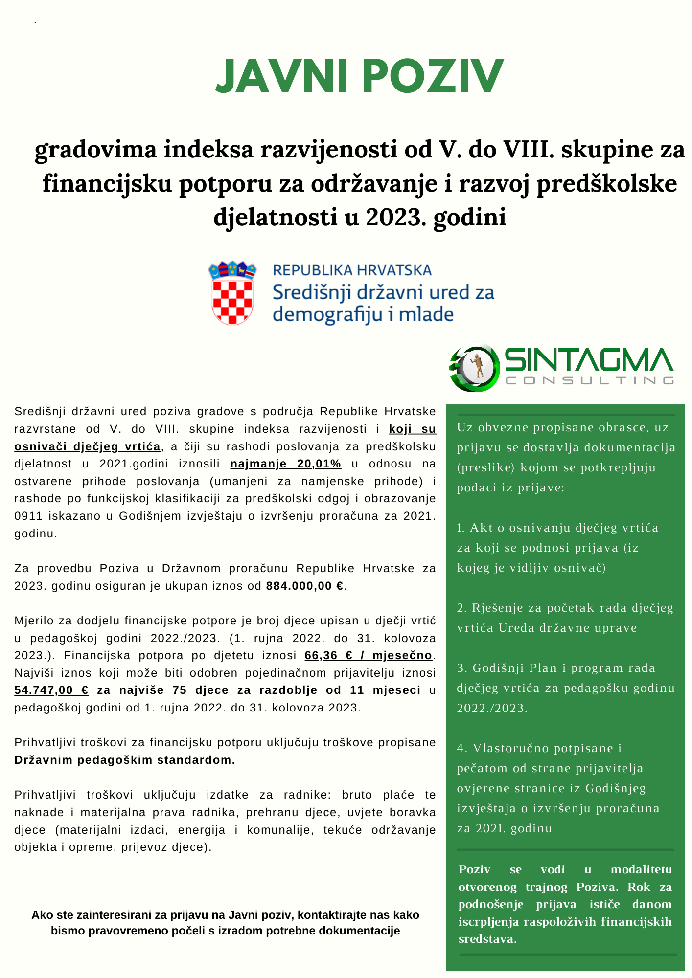 JAVNI POZIV gradovima indeksa razvijenosti od V. do VIII. skupine za financijsku potporu za održavanje i razvoj predškolske djelatnosti u 2023. godini