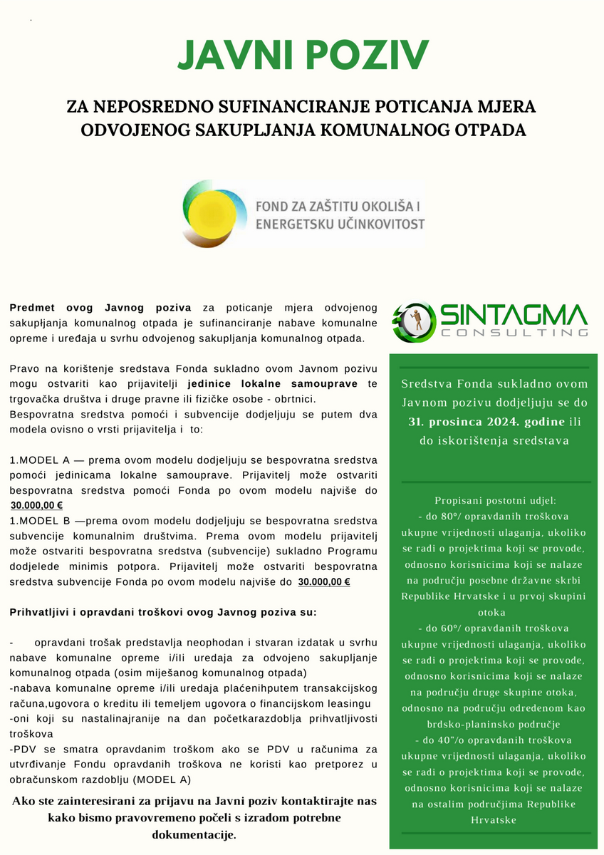 2 JAVNI POZIV ZA NEPOSREDNO SUFINANCIRANJE POTICANJA MJERA ODVOJENOG SAKUPLJANJA KOMUNALNOG OTPADA