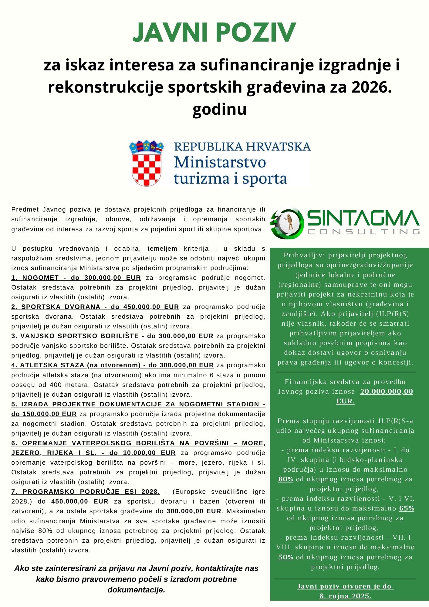 Javni poziv za iskaz interesa za sufinanciranje izgradnje i rekonstrukcije sportskih građevina za 2026. godinu